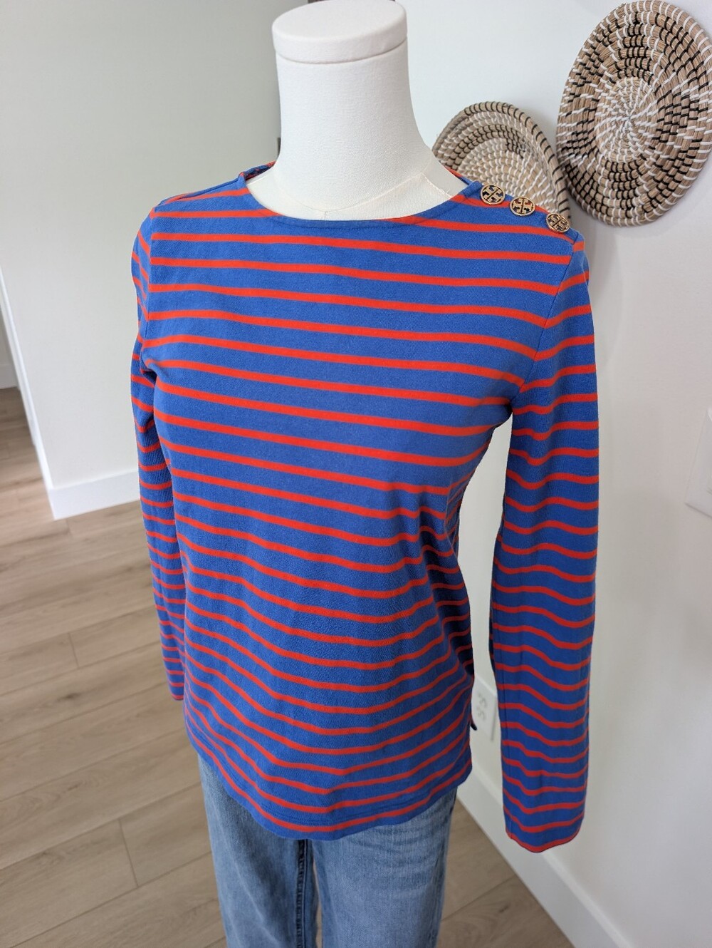 ​Tory Burch Striped Boatneck Long Sleeve Top Gold Logo Shoulder Buttons Size XS